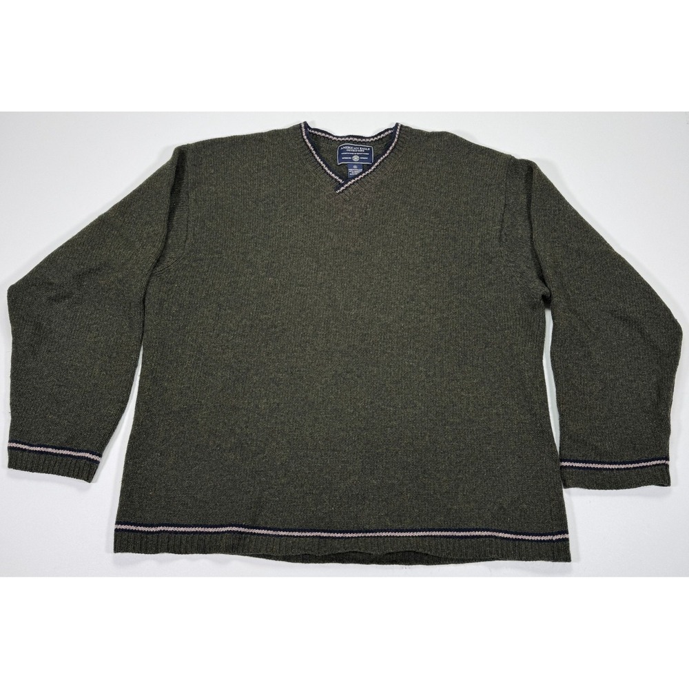 American Eagle Outfitters Men's XL Dark Green Striped V-Neck Lambswool Sweater